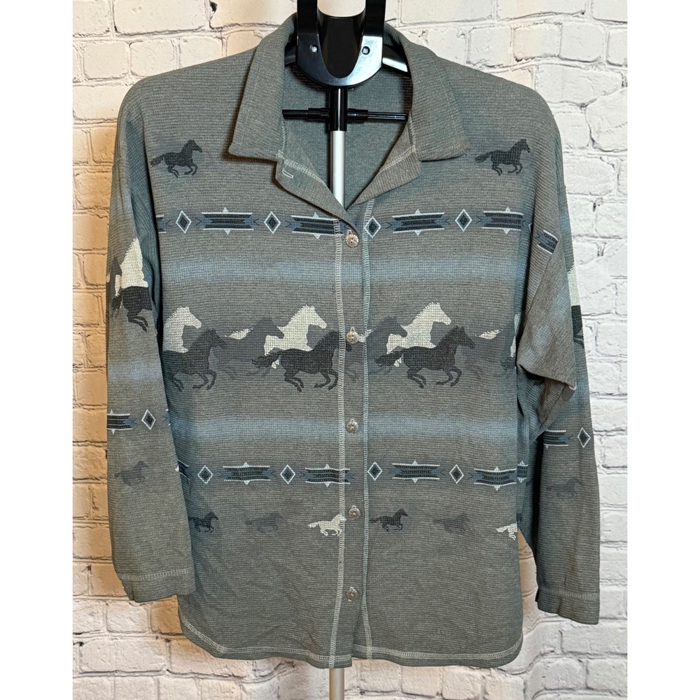 Artisans Glen Flora WI USA Horse Print Button Up Top Southwestern Long Sleeve
